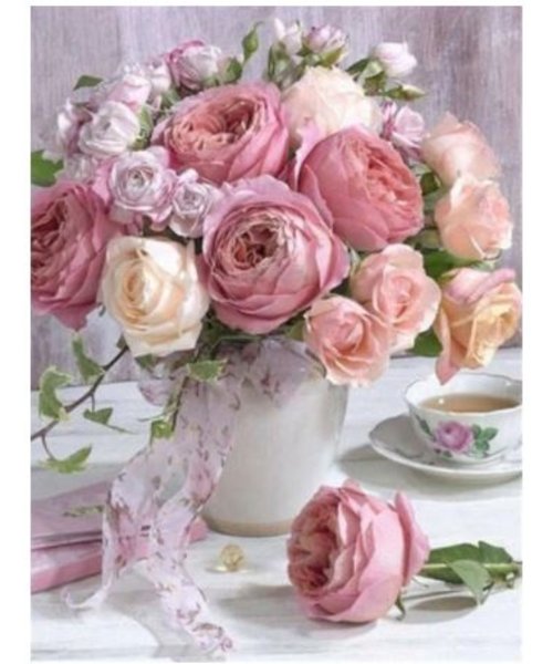 basetrade Diamond Painting 30 x 20 cm -  roze rozen - Y1-9741- vierkante steentjes