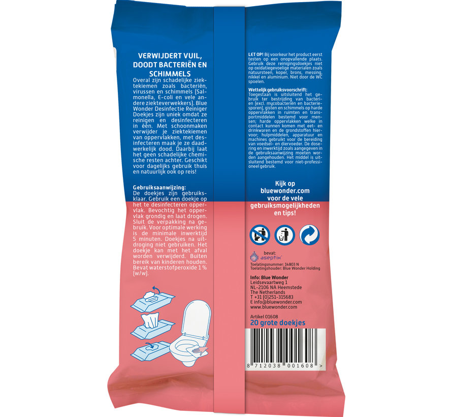 Blue Wonder Desinfectie Reis/WC Doekjes - 1 pakje 20 doekjes