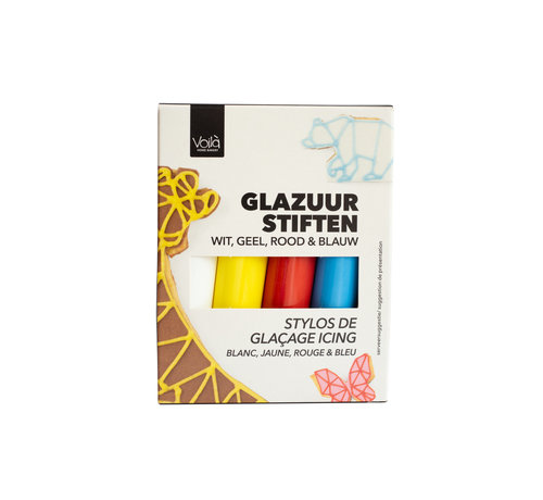 VOILA Home Bakery Voila Glazuur stiften | 4 kleuren | wit rood geel blauw - 76 gram pakje