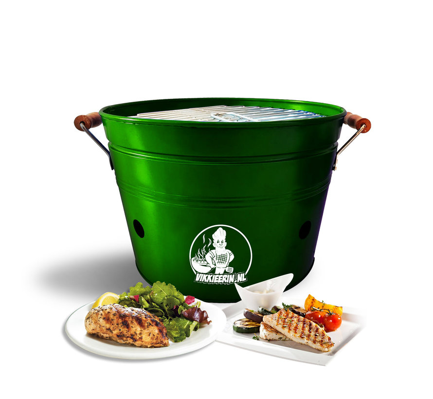 Vikkieerin.nl - Large Portable Charcoal Bucket BBQ - round - green - Ø38 cm