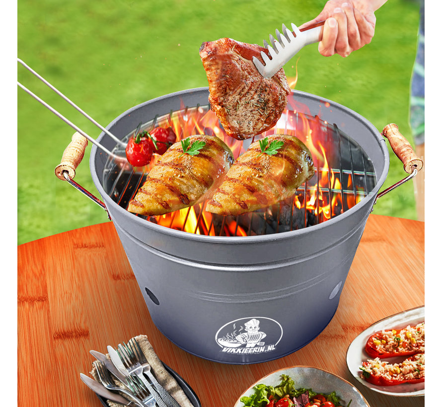 Vikkieerin.nl - Large Portable Charcoal Bucket BBQ - round - grey - Ø38 cm