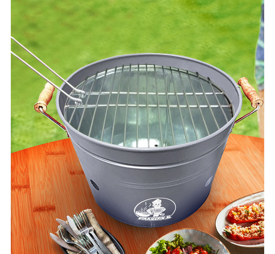 Vikkieerin.nl - Groot Draagbare Emmer Houtskool BBQ - rond - grijs - Ø38 cm