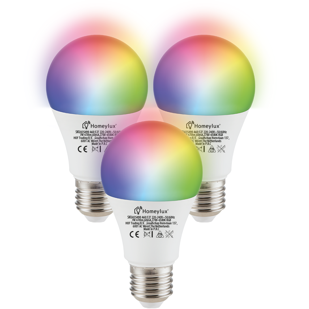 Besparing verontschuldiging Accor Set van 3 E27 SMART LED Lampen RGBWW Wifi 7 Watt 470lm Dimbaar - HOMEYLUX |  Innovative SMART Living