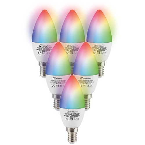 Hoftronic smart Set van 6 E14 SMART LED Lampen RGBWW Wifi 5,5 Watt 470lm C37 Dimbaar