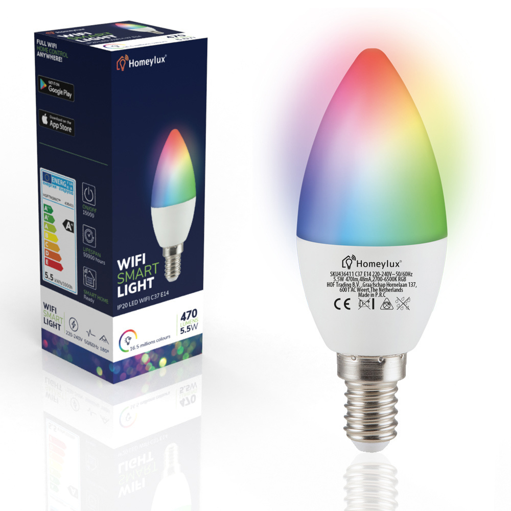 Hoftronic smart Set of 6 E14 SMART LED Bulbs RGBWW Wifi 5.5 Watt 470lm C37  Dimmable