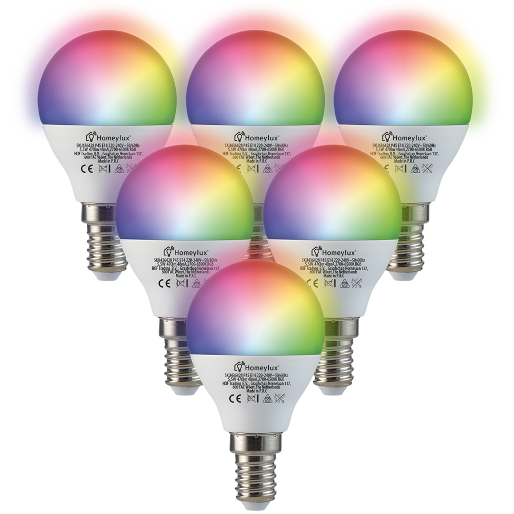 variabel Ervaren persoon Bezienswaardigheden bekijken Set van 6 E14 SMART LED Lampen RGBWW Wifi 5.5 Watt 470lm P45 Dimbaar -  HOMEYLUX | Innovative SMART Living
