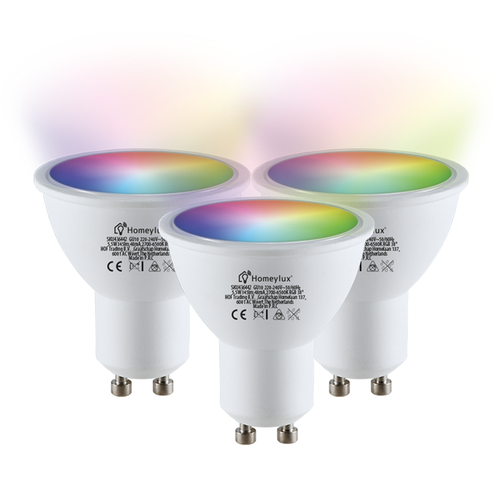 Set of 3 GU10 SMART LED Bulbs RGBWW Wifi 5.5 Watt 400lm 120° Dimmable -  HOMEYLUX