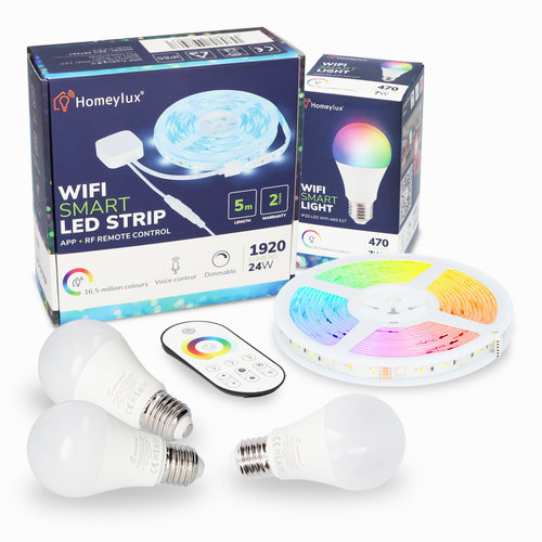 Hoftronic smart Hoftronic Smart RGBWW Smart starter kit 3 pieces 7 Watt E27 bulbs +1x Smart LED Strip 5m