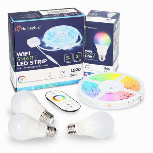 Hoftronic smart Hoftronic Smart RGBW Smart starter kit including 3 pieces Smart 10 Watt E27 bulbs and 1 piece 5 meter Smart LED Strip with remote control and App
