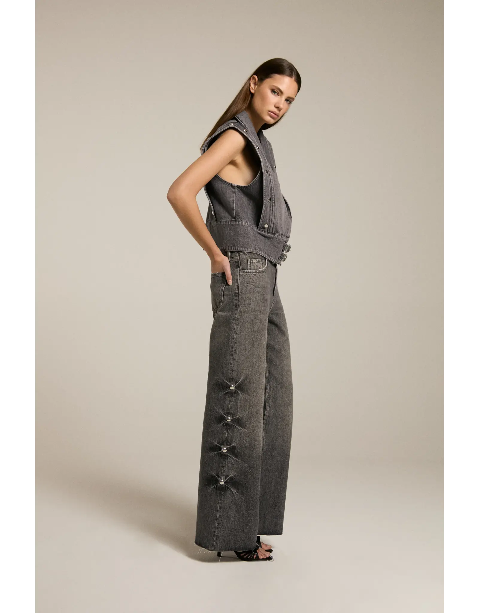 Homage Mid Waist Wide Leg Jeans With Big Studs - Vintage Grey