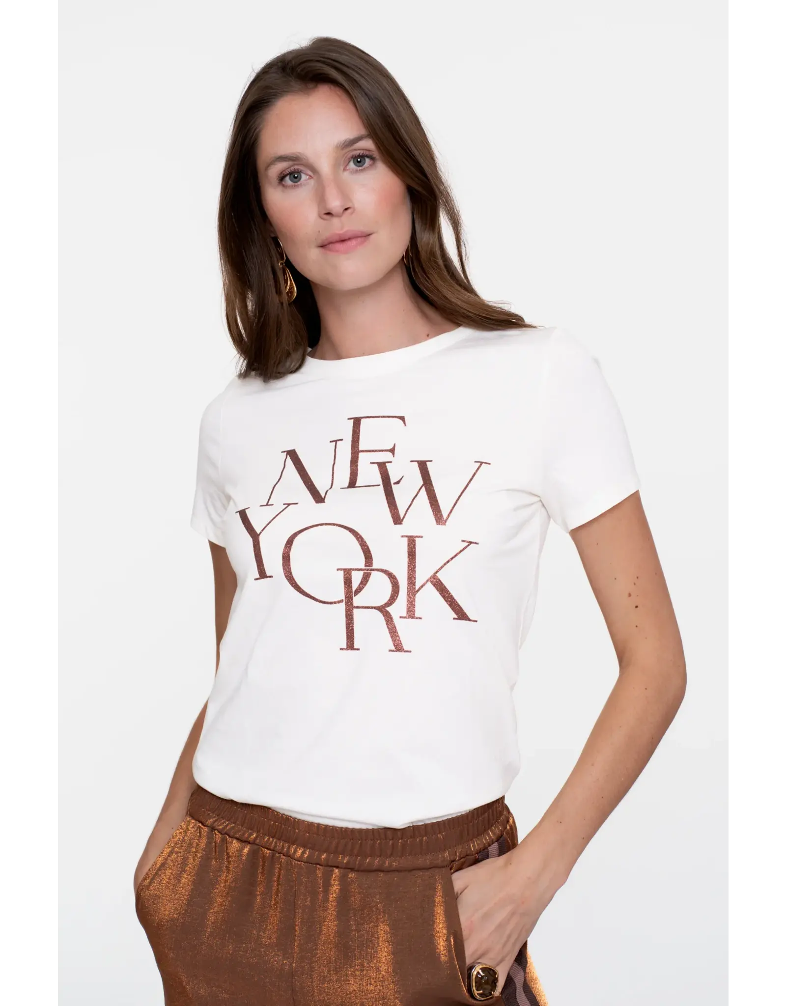 Geisha T-Shirt 'New York' - Off-White/Coffee