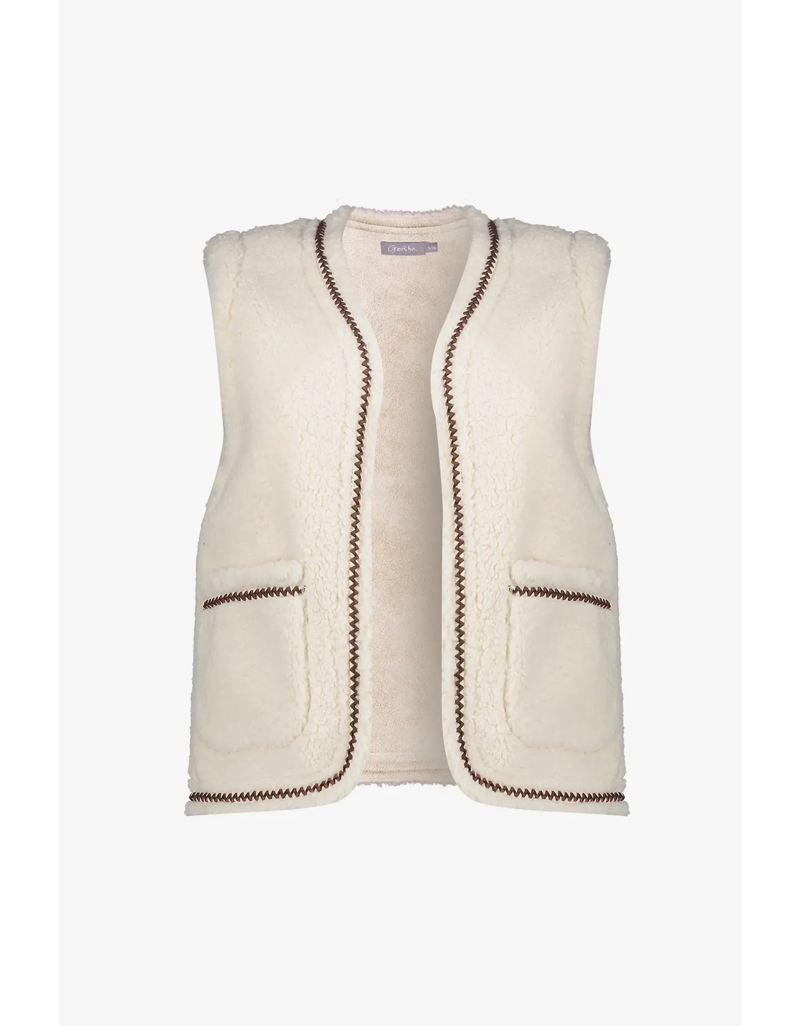 Geisha Gilet Teddy Embroidery - Off-White/Tape Dark Brown Zigzag