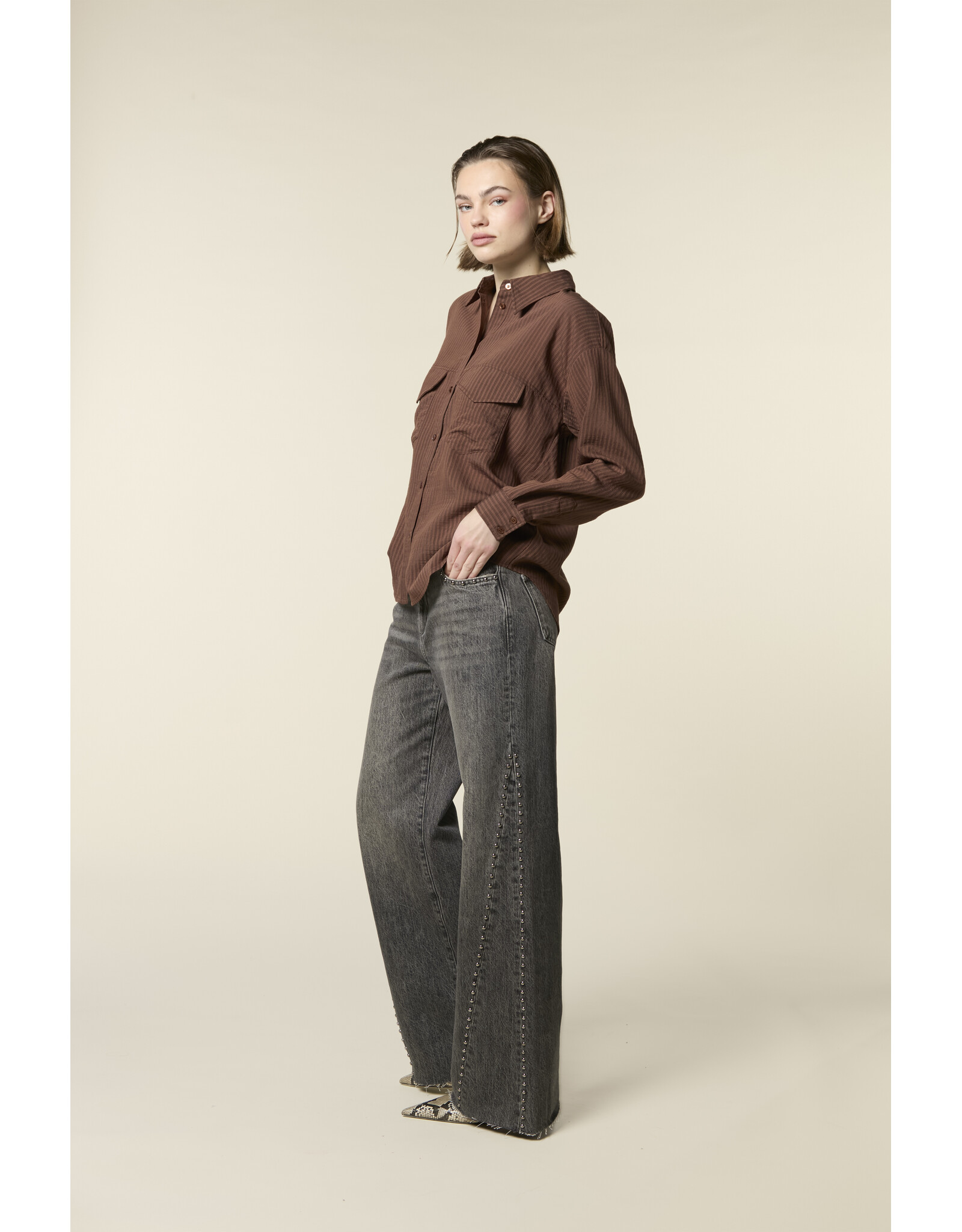 Homage Mid Waist Straight Leg Jeans With Studs - Grey