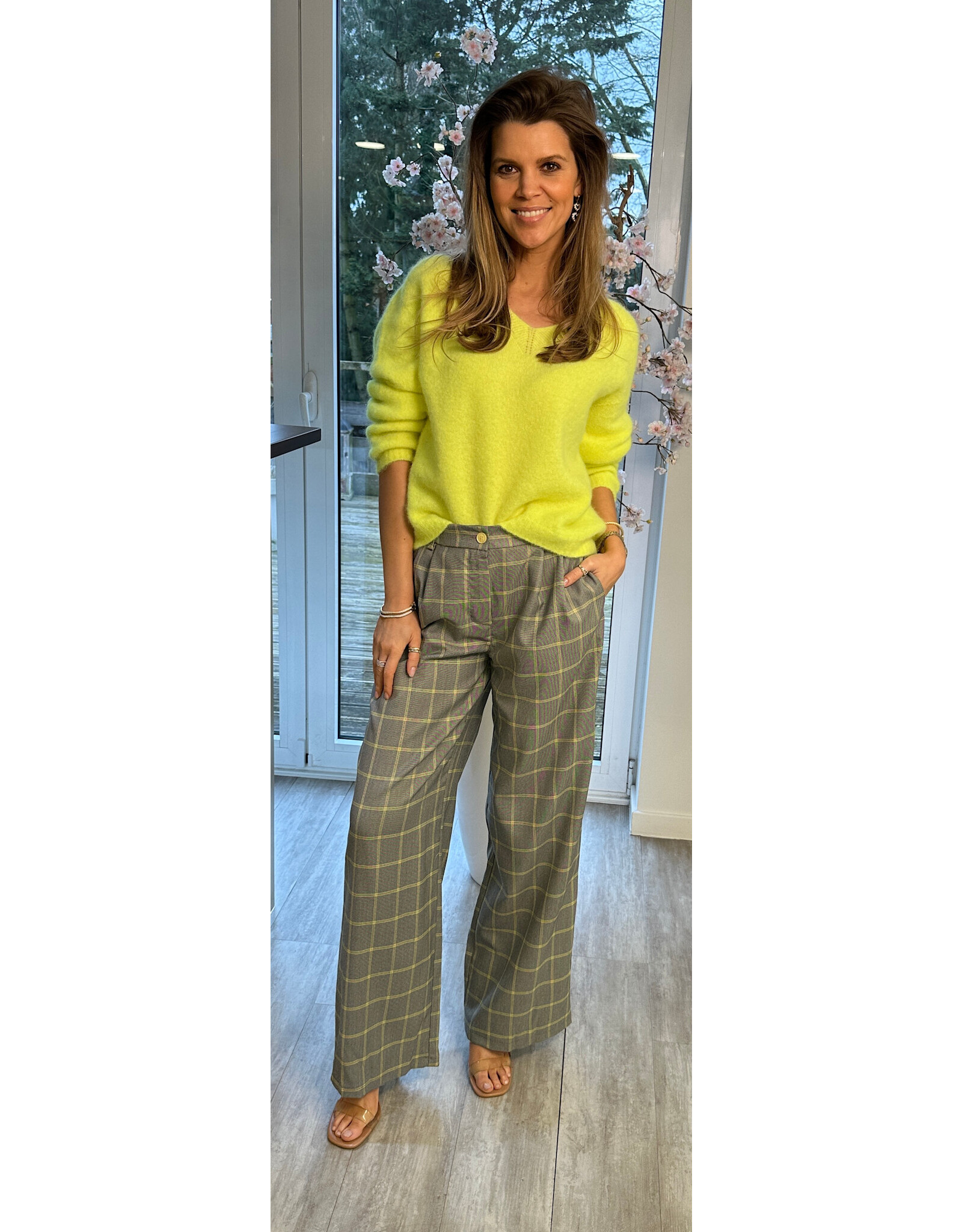 Italie Broek grijs/geel quadri