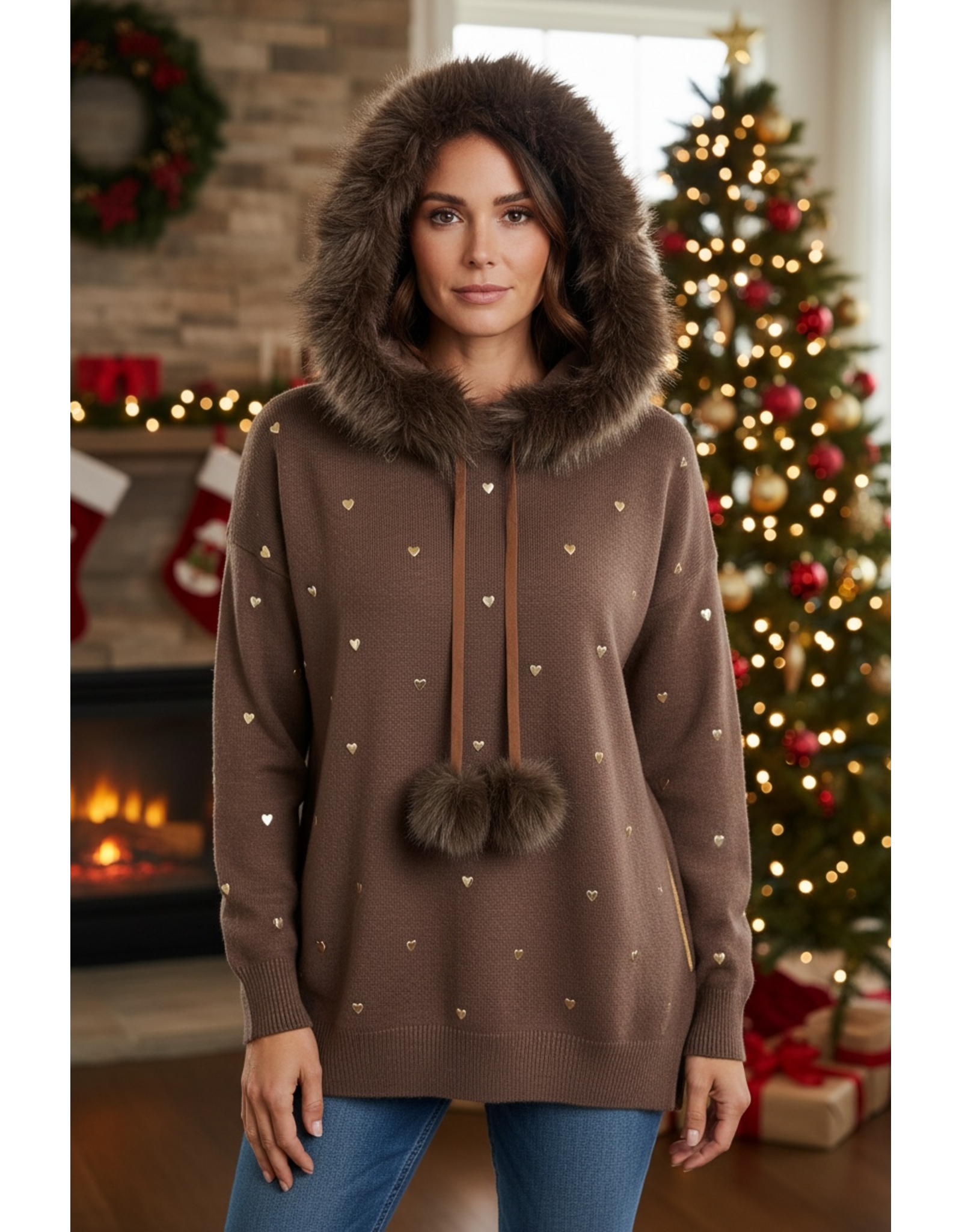 Brussel Trui bruin met afneembaar bontje