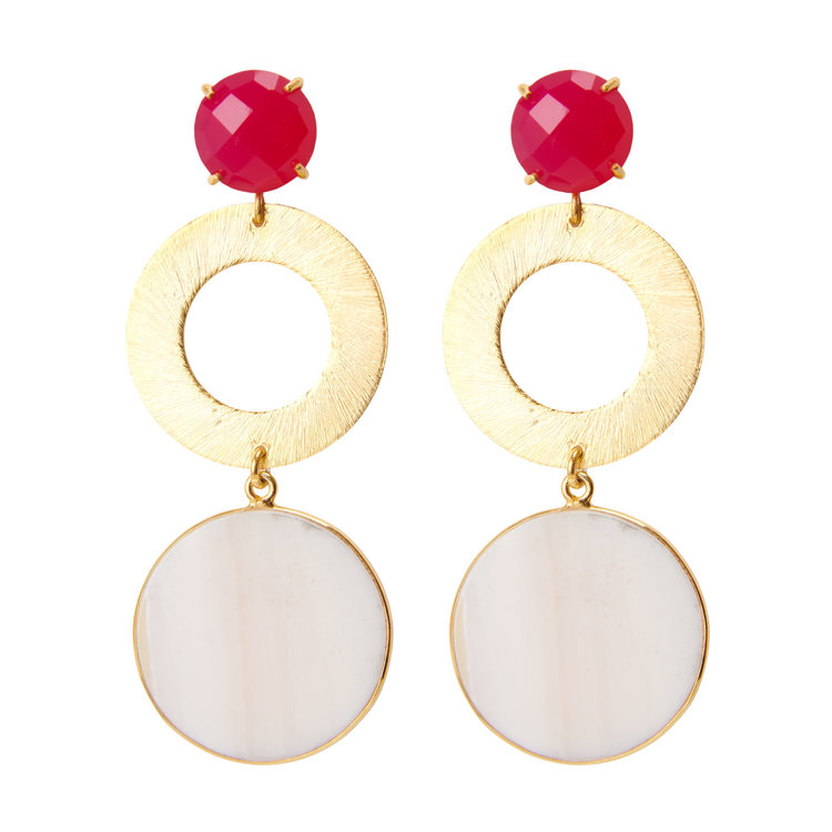 NOX Amsterdam NOX big double round mother of pearl fuchsia oorbellen