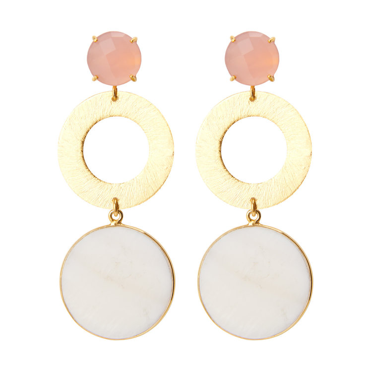 NOX Amsterdam NOX big double round mother of pearl pink chalcedony earrings