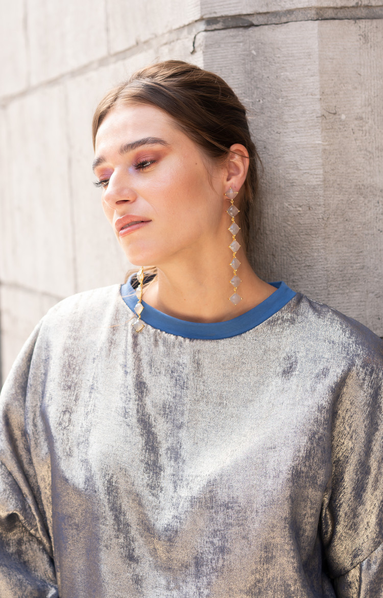 NOX Amsterdam NOX diamondfall 7 stones grijs chalcedoon oorbellen