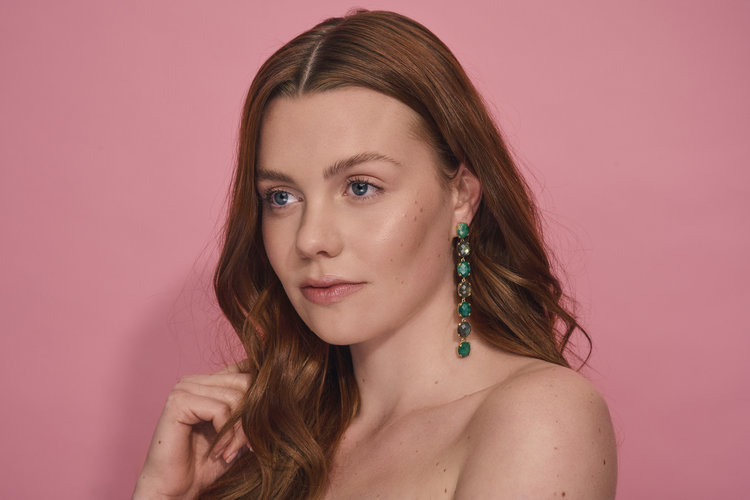 NOX Amsterdam NOX multicolor long labradorite & emerald green earrings