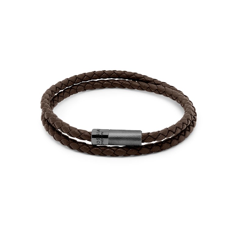 Tateossian Brown Double Wrap Pop Rigato Bracelet in Black Rhodium - Size S