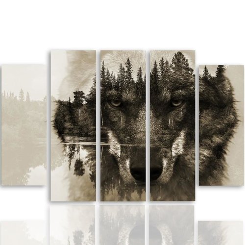 Schilderij Wolf in het bos, 5 luik, 4 maten, wanddecoratie Schilderij Wolf in het bos, 5 luik, 4 maten, wanddecoratie