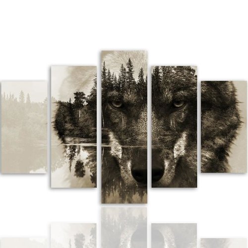 Schilderij Wolf in het bos, 5 luik, 4 maten, wanddecoratie Schilderij Wolf in het bos, 5 luik, 4 maten, wanddecoratie