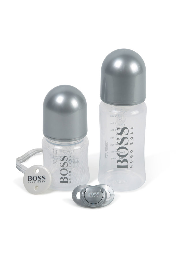 Hugo Boss Designer Baby Flaschen Set mit Schnuller und Schnullerband tolles Geschenk