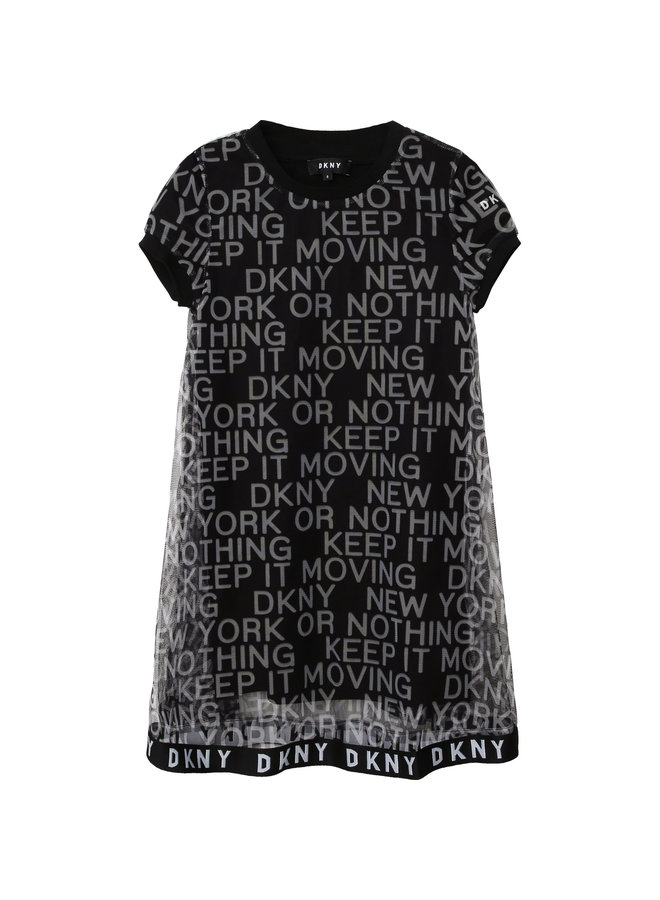 DKNY KIDS Mesh 2 in 1 Kleid schwarz mit vielen Logo Details