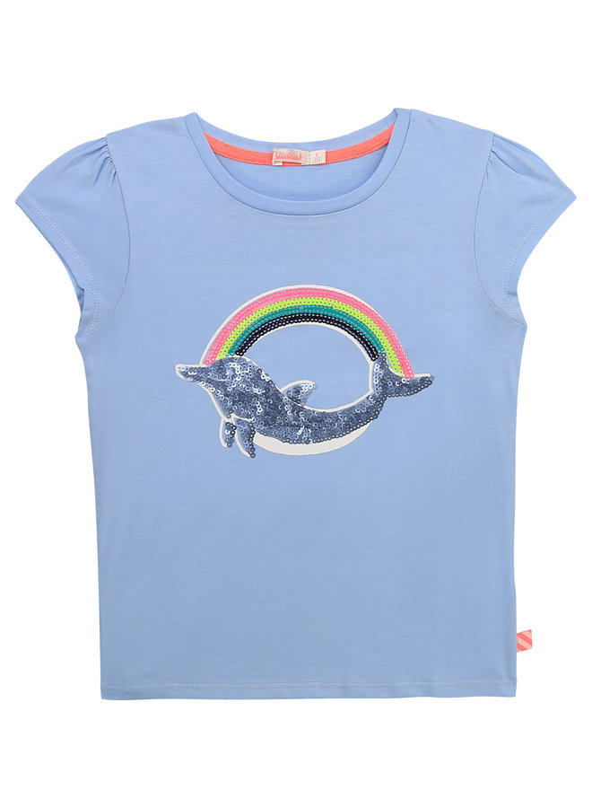 Billieblush T-Shirt mit Pailletten Delphin und Regenbogen hellblau