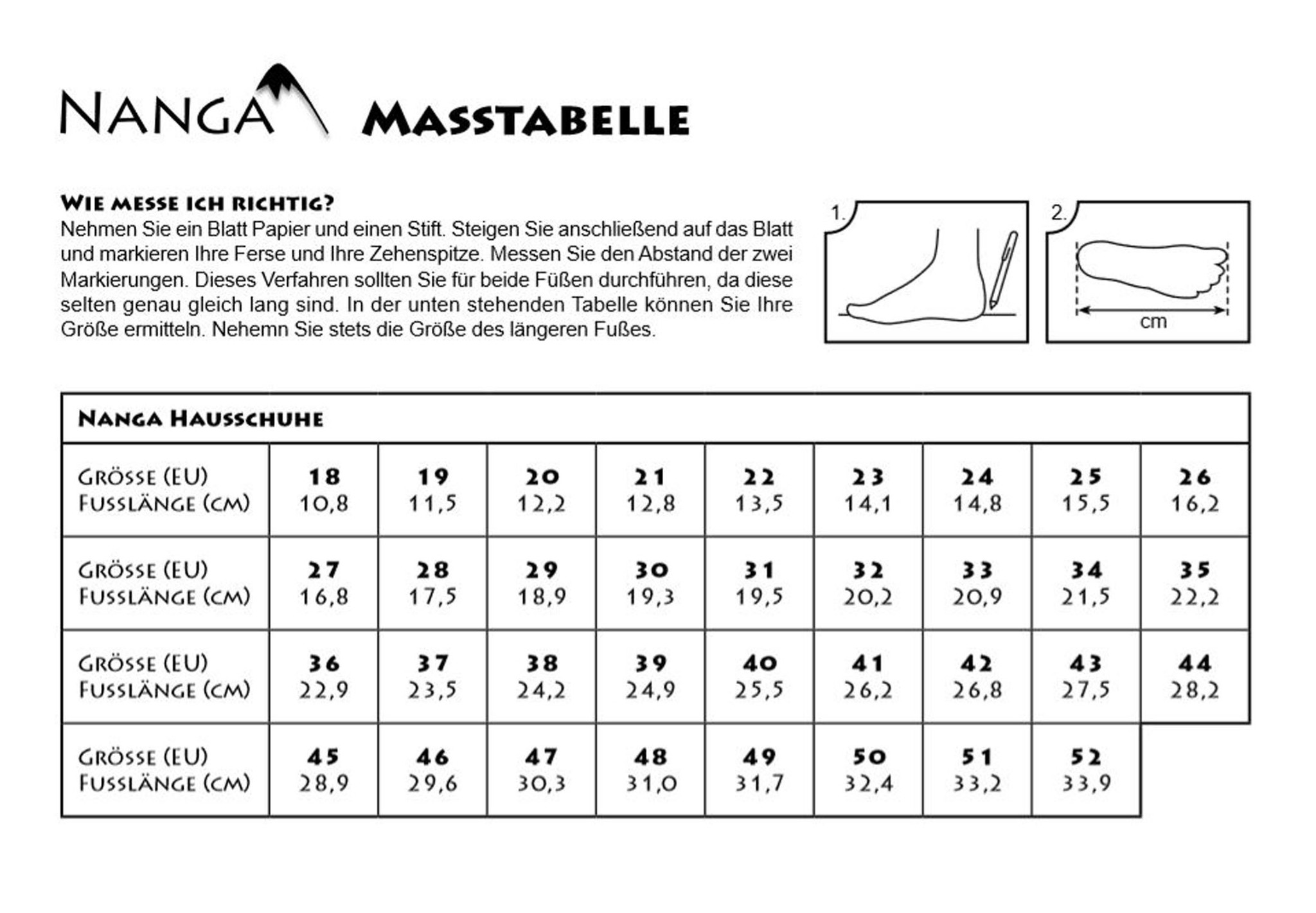 NANGA-Hausschuhe-Masstabelle