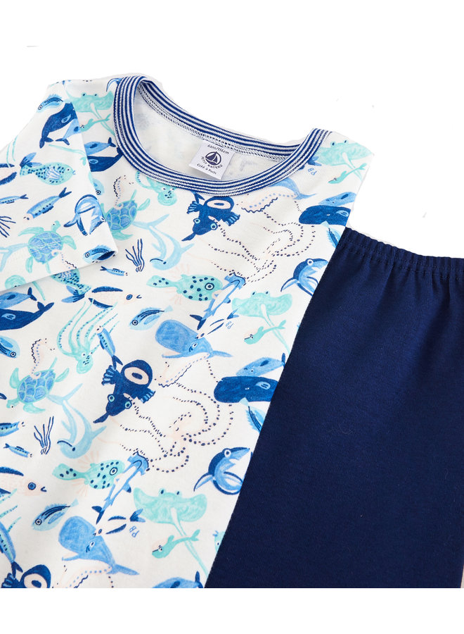 Petit Bateau kurz Pyjama blau weiß mit Print allover Meerestiere