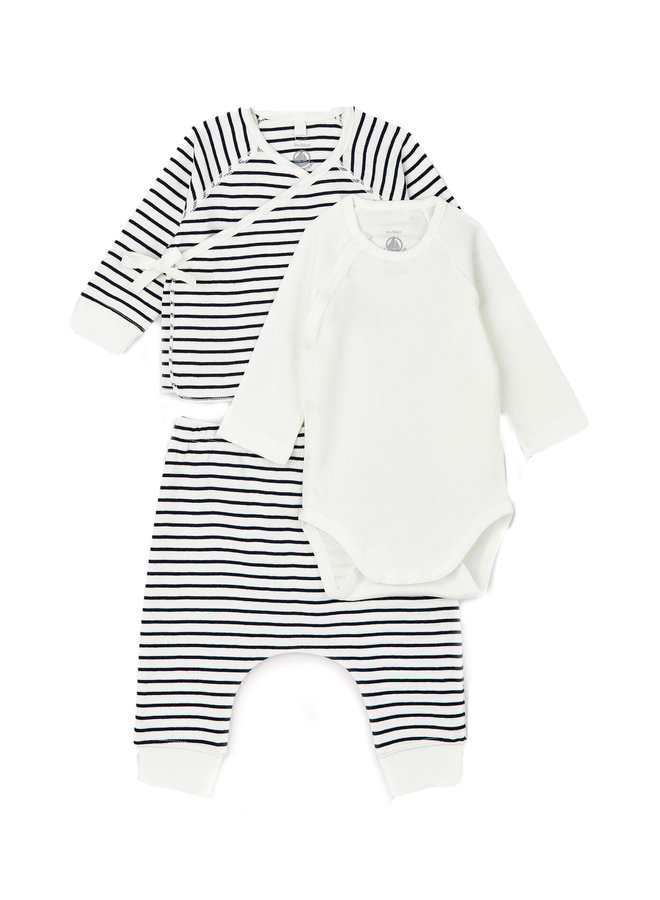 Petit Bateau Kombination 3 Teile blau weiß Body und Hose Cardigan