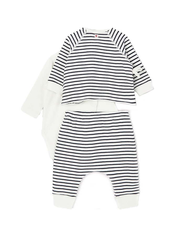 Petit Bateau Kombination 3 Teile blau weiß Body und Hose Cardigan