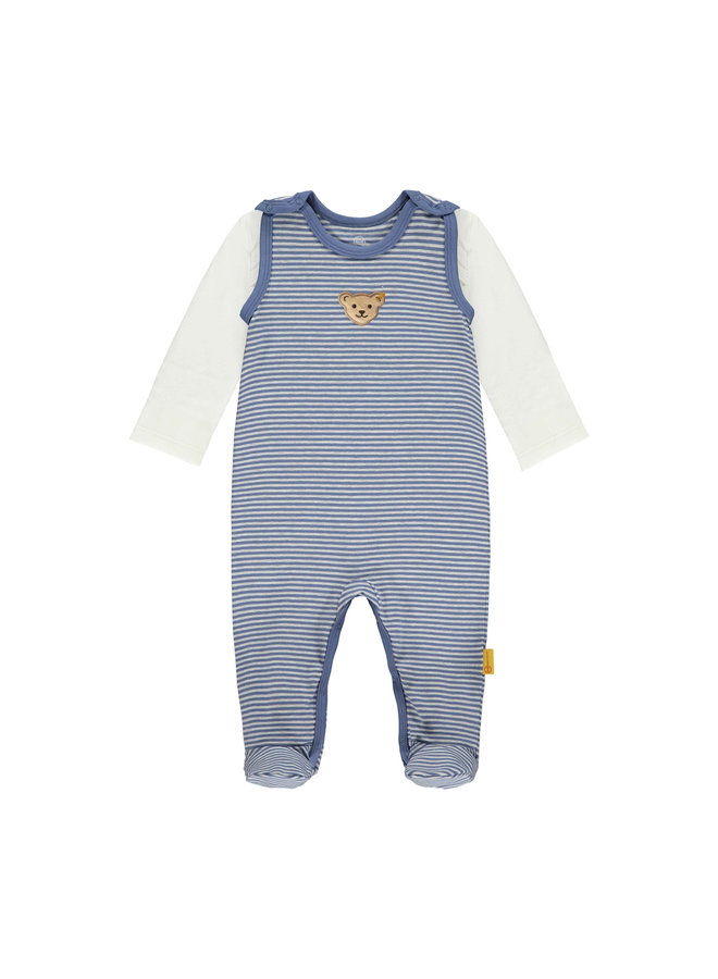 Steiff Set gestreifter Strampler und Longsleeve Teddy blau