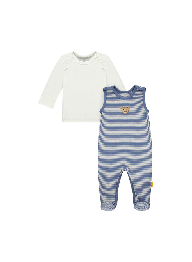 Steiff Set gestreifter Strampler und Longsleeve Teddy blau