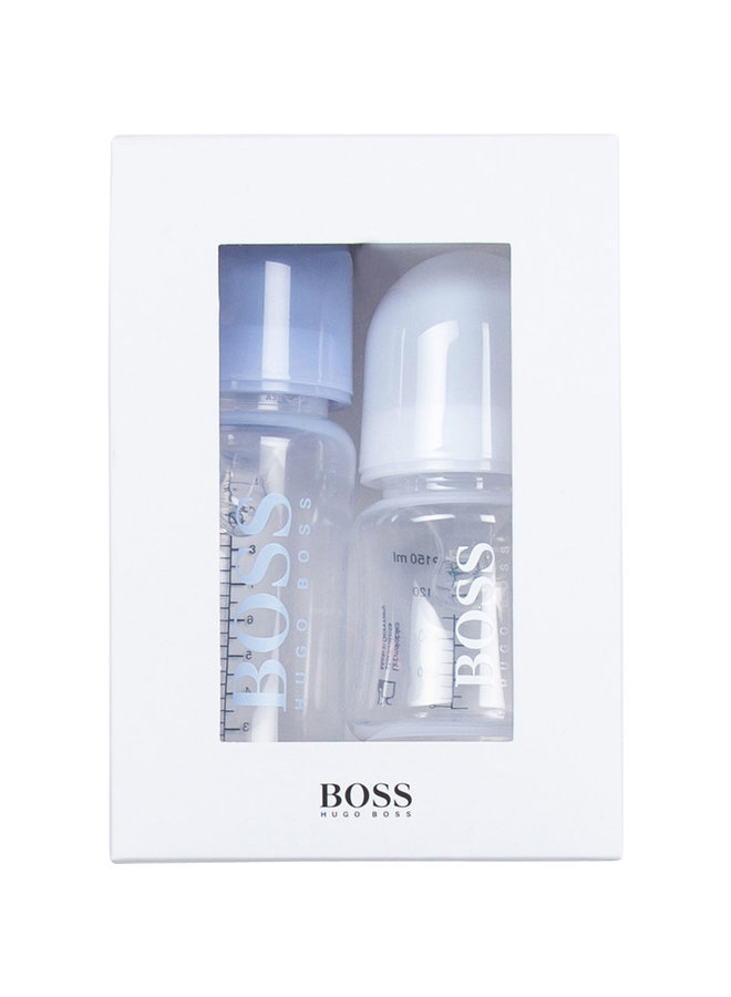 Hugo Boss Designer Baby Flaschen im 2 er Set mit Logo in hellblau und weiß tolles Geschenk