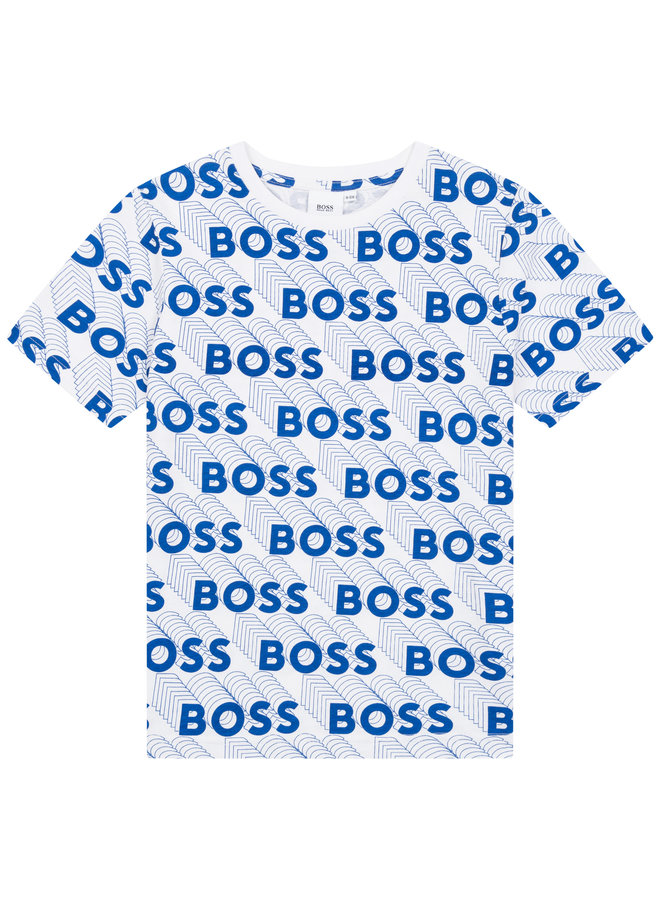 HUGO BOSS Kinder T-Shirt blau-weiß mit allover Logo