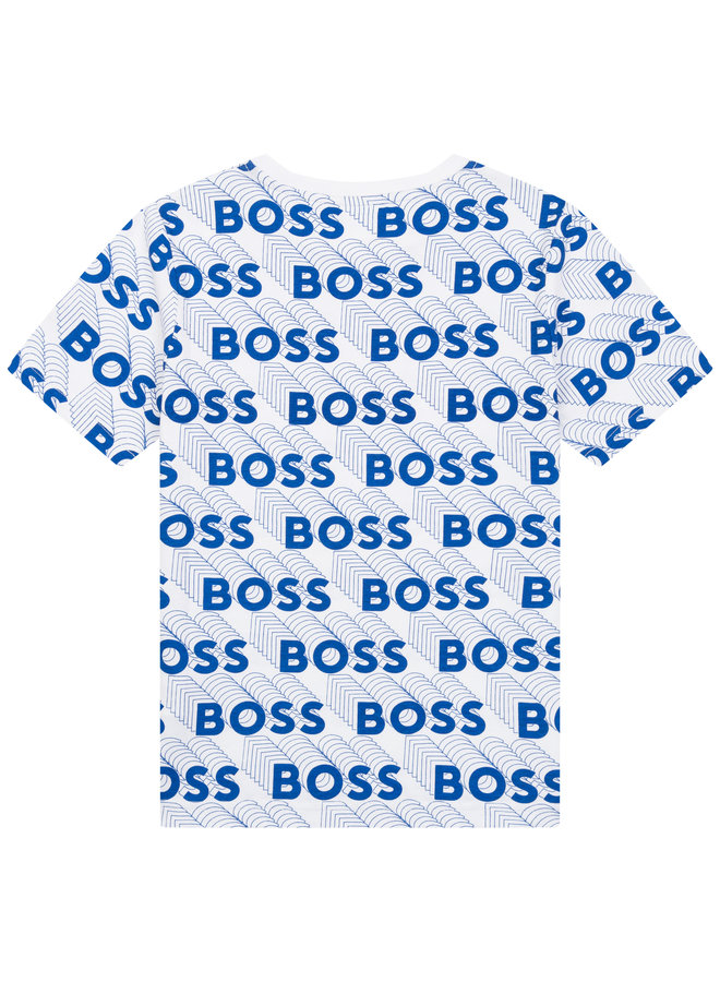 HUGO BOSS Kinder T-Shirt blau-weiß mit allover "BOSS" Logoprint