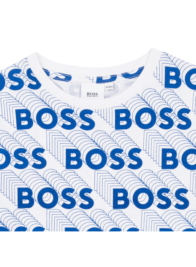 HUGO BOSS Kinder T-Shirt blau-weiß mit allover "BOSS" Logoprint