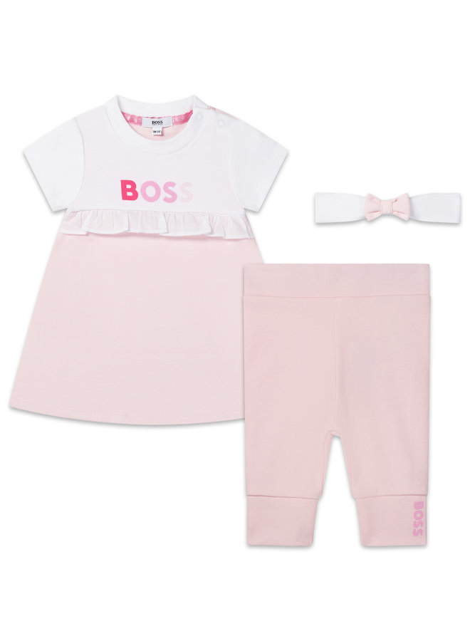 BOSS rosa Baby Set 3 teilig Kleid + Leggings + Haarband