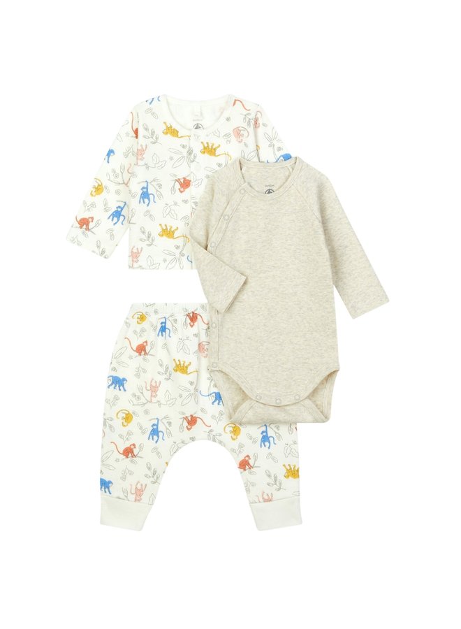 Petit Bateau Kombination 3 Teile buntem Affenprint Cardigan und Hose, brauner Body