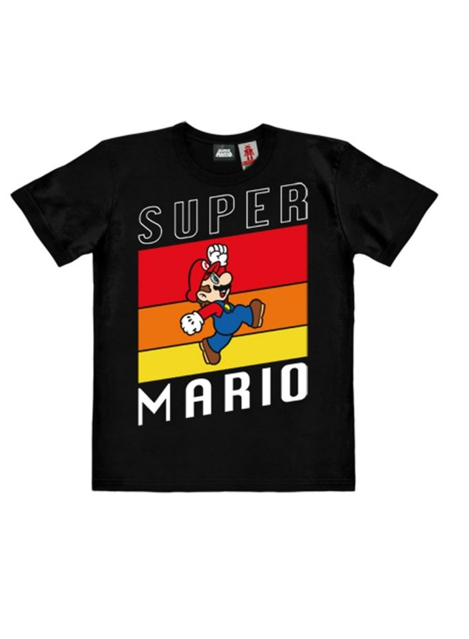 LOGOSHIRT T-Shirt schwarz Super Mario Motiv mit bunten Balken