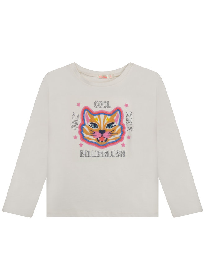 Billieblush Longsleeve weiß  mit bunter, glitzernder Katze und Spruch