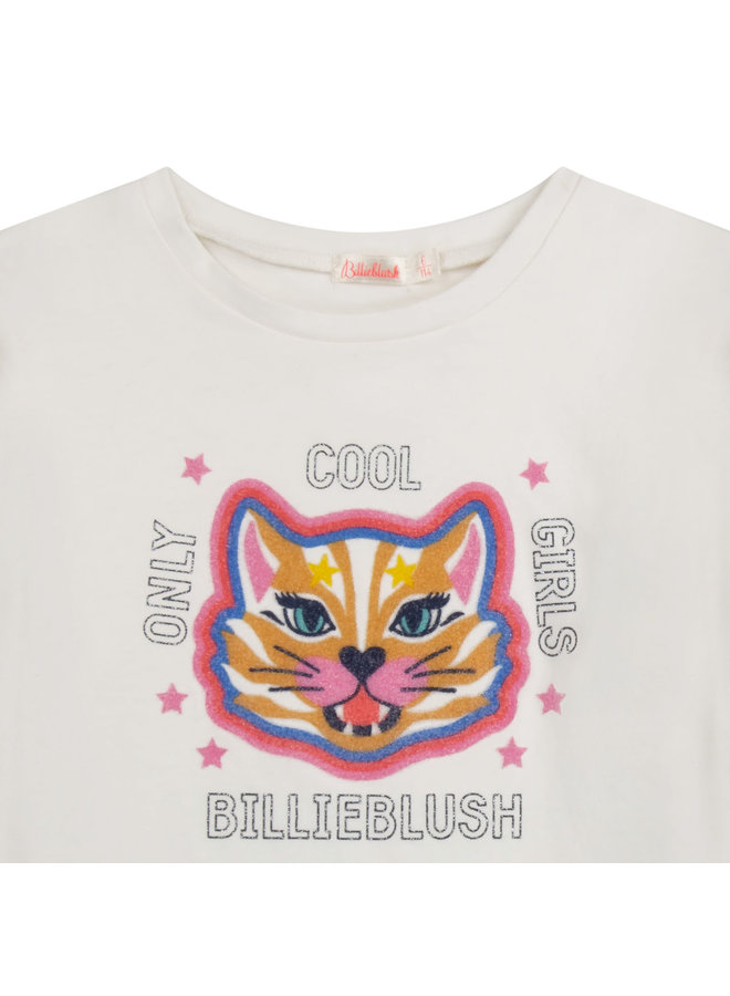 Billieblush Longsleeve weiß  mit bunter, glitzernder Katze und Spruch