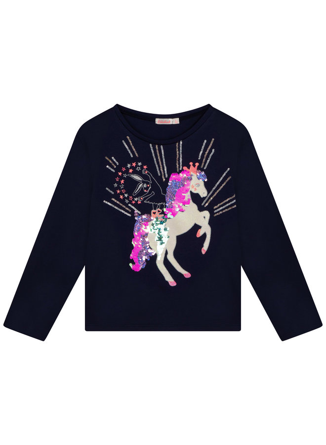 Billieblush Longsleeve weißes Einhorn mit Pailletten dunkelblau