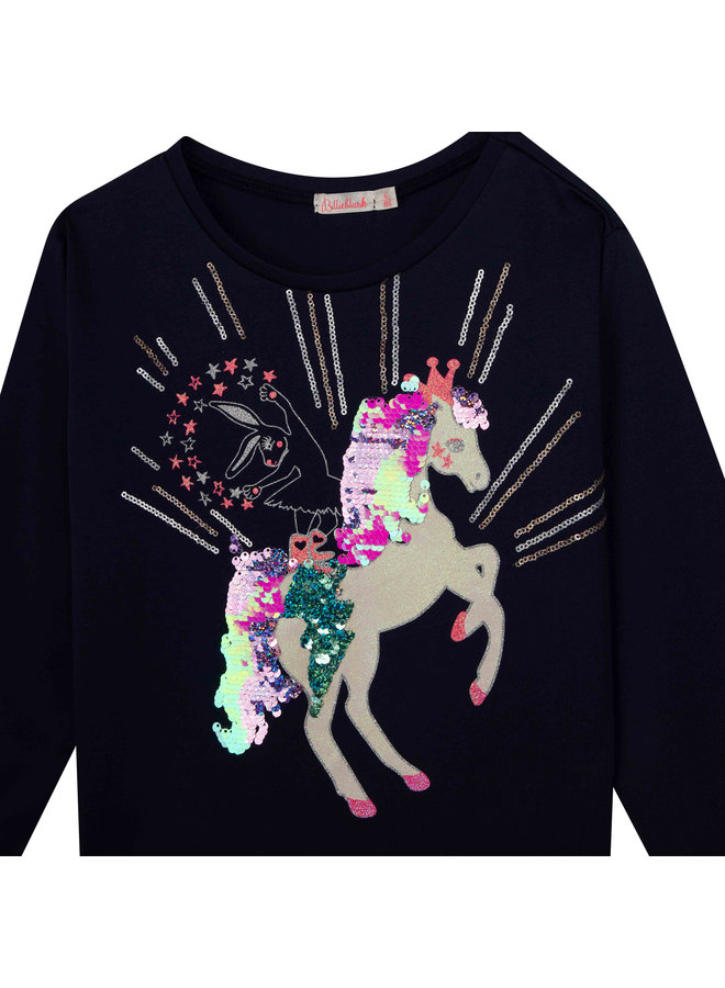 Billieblush Longsleeve weißes Einhorn mit Pailletten dunkelblau