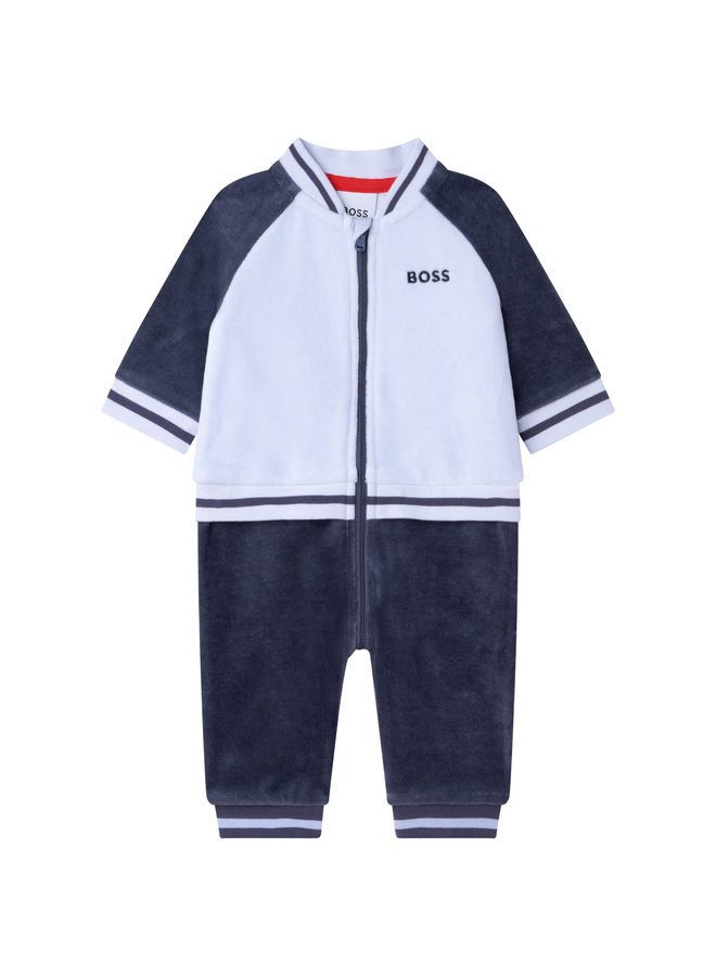 BOSS Baby samtiger Jogginganzug Overall in blau und grau mit Logo