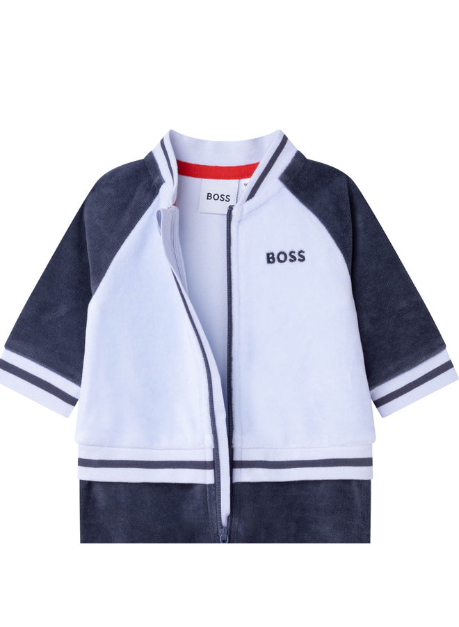 BOSS Baby samtiger Jogginganzug Overall in blau und grau mit Logo