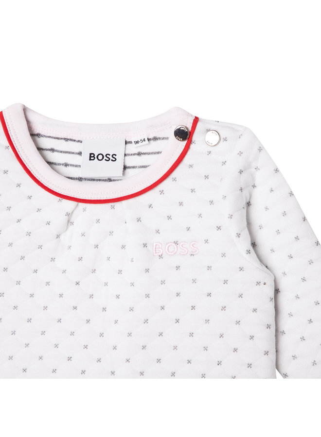 HUGO BOSS Baby Langarm Kleid weiß gesteppt mit Glitzer Logo Stickerei an der Brust