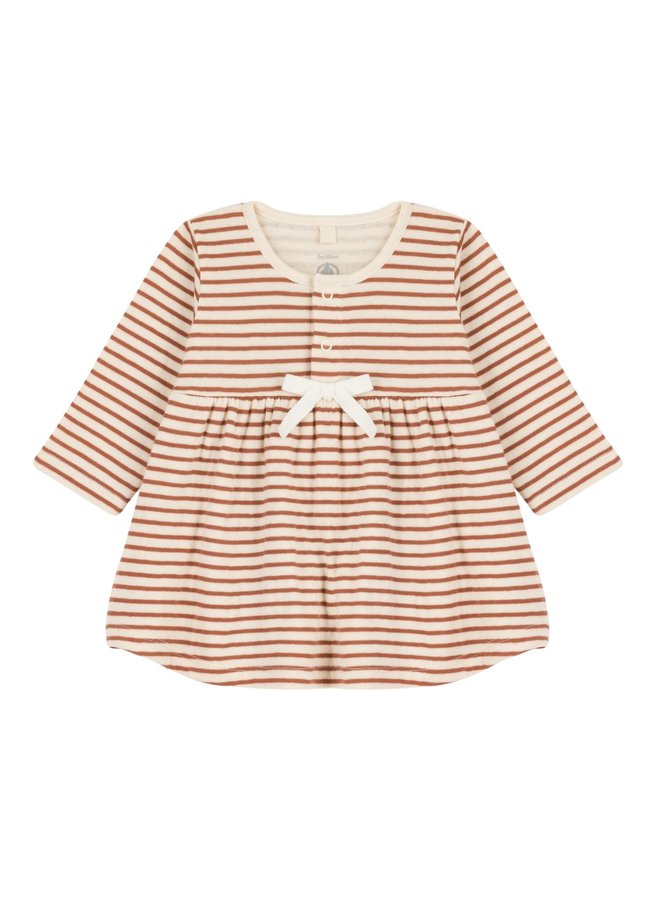 Petit Bateau langärmeliges  gestreiftes Baby Kleid in beige/ braun